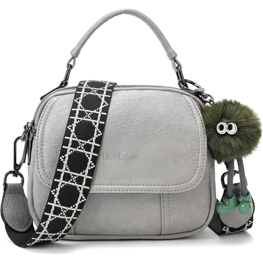 Women Grey Small Leather Crossbody Purse with 2 Detachable Straps
